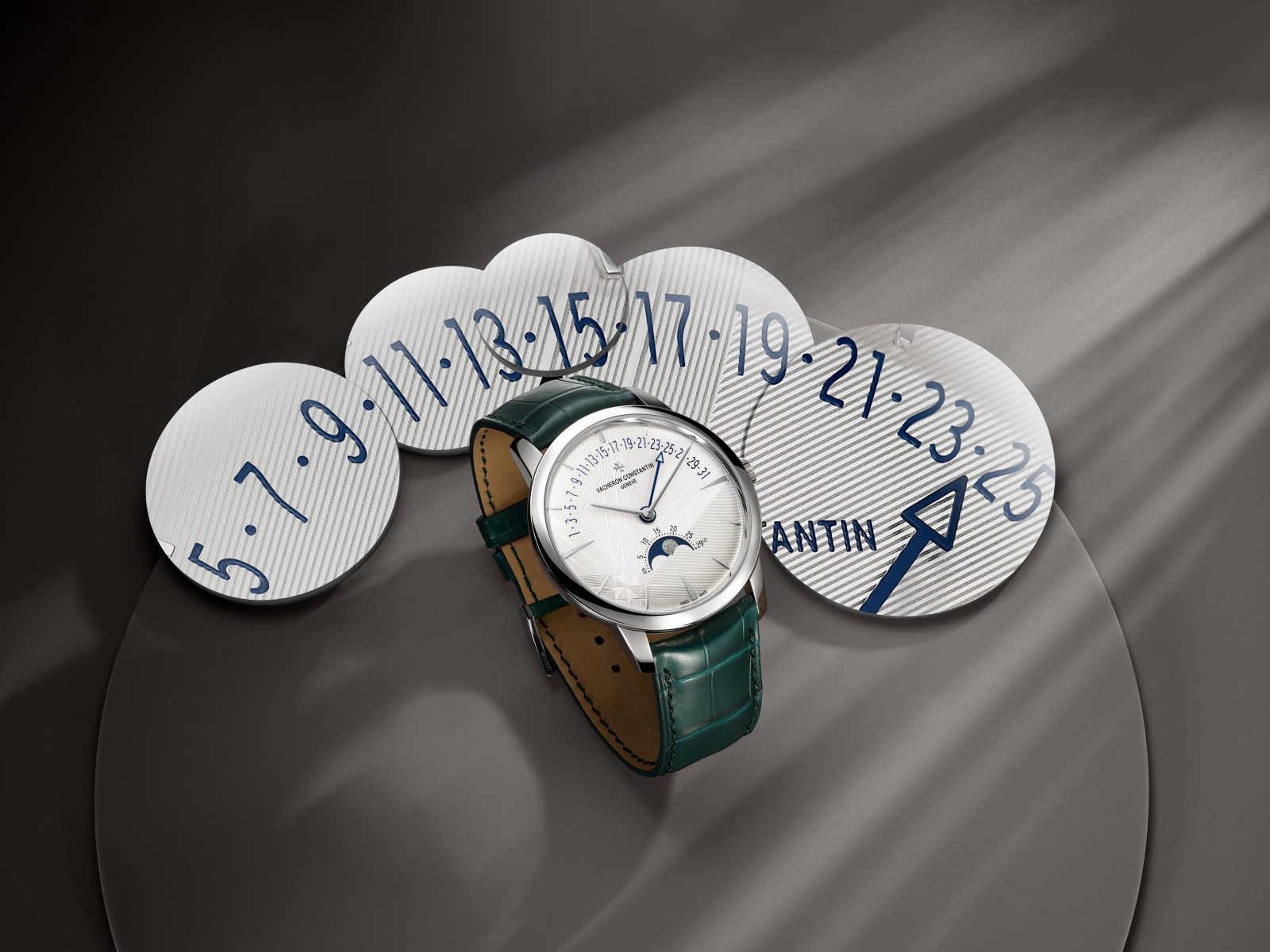 Vacheron Constantin Patrimony Moon Phase Retrograde Date Ref. 4010U/000G-H057 2025 270th Anniversary Edition with 42.5mm white gold case, silver-toned dial with Maltese cross motif, Calibre 2460 R31L/270, and dark green alligator strap.